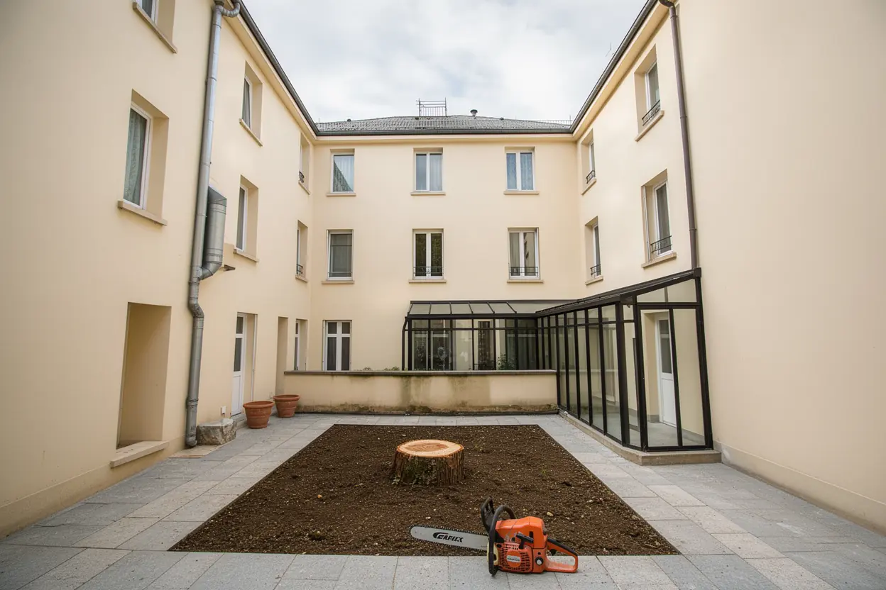 Cour sécurisée après abattage d'un érable à Metz