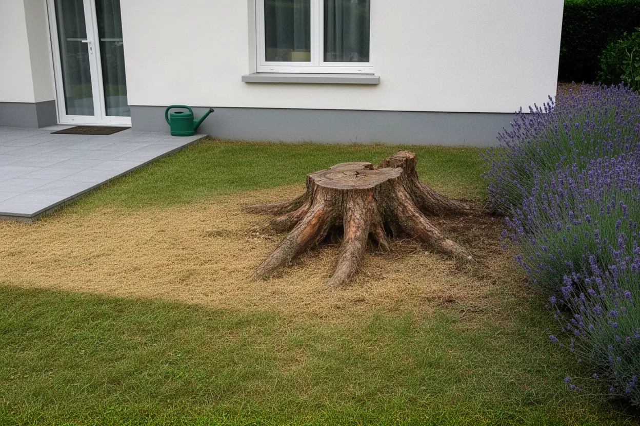 Souche de conifère avant rognage dans un jardin messin