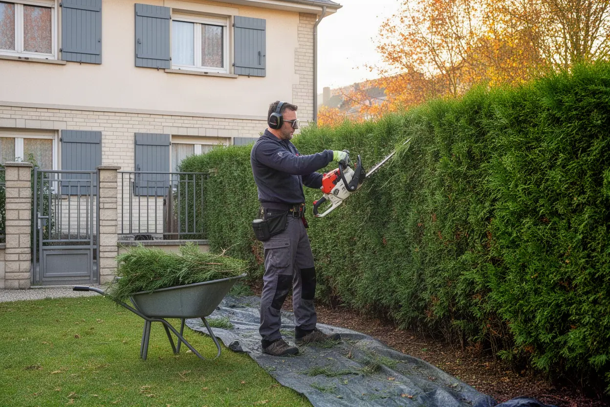 Artisan taillant une haie résidentielle dans un quartier de Marly